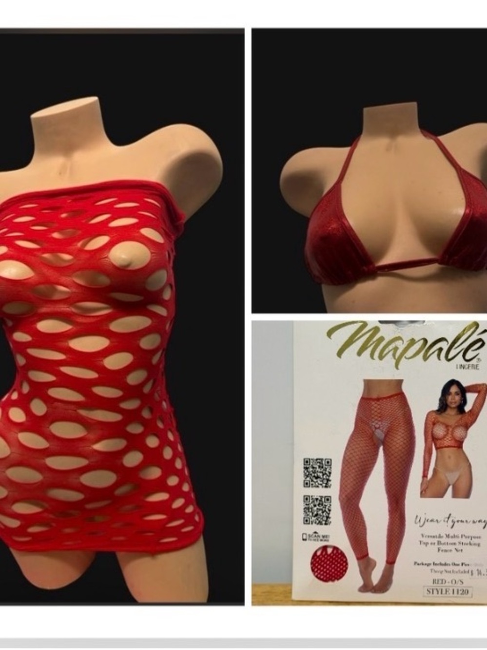 Red Fishnet Lingerie Set - Halter Bikini & Cutout Dress